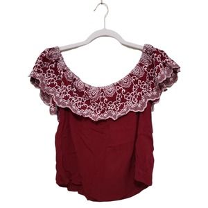 Sadie & Sage Burgundy & White Embroidered Off The Shoulder Top - NWT